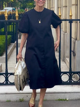 A-Line Loose Pleated Pockets Solid Color Round-Neck Midi Dresses